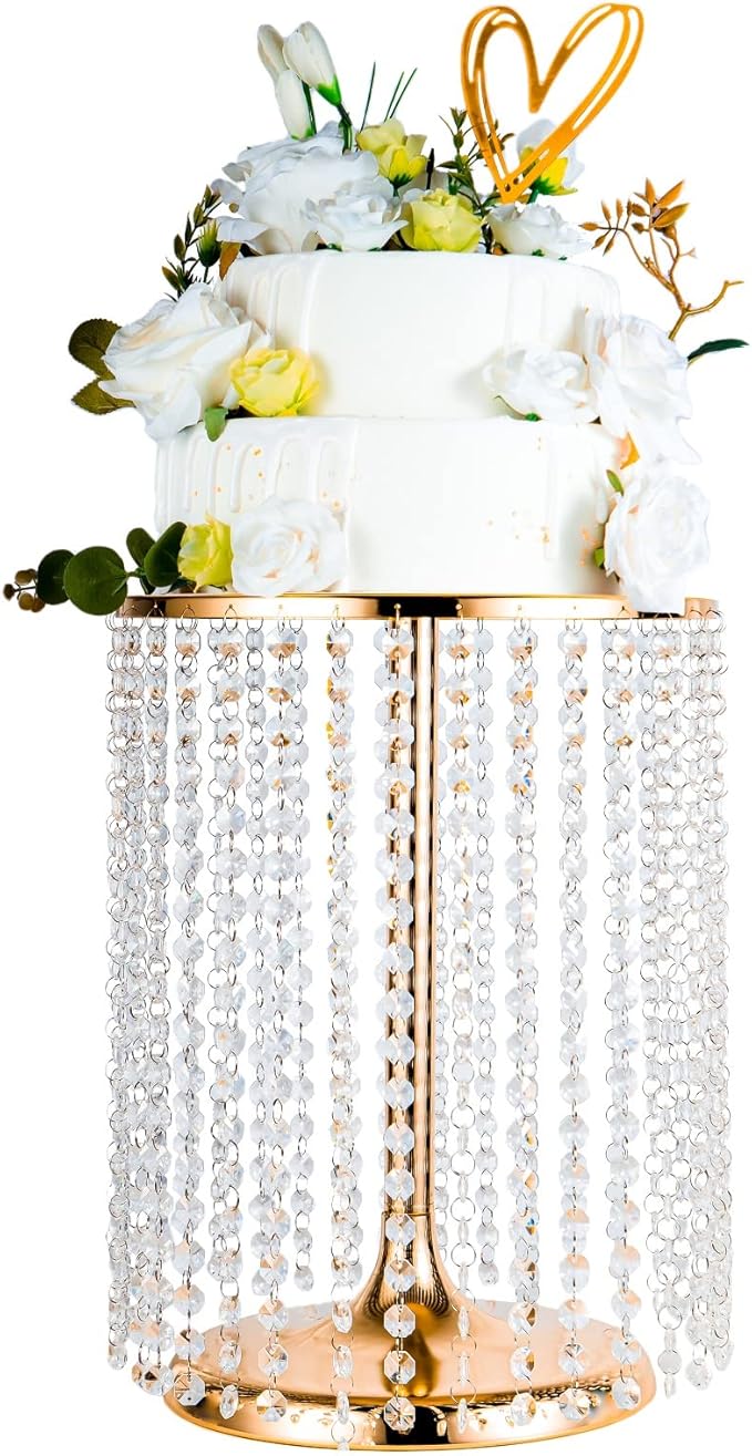 LANLONG Wedding Cake Stand for Dessert Table 12 Inch Gold Crystal Pendants Metal Cake Stand Serves as A Round Dessert Cupcake Display Plate 16 Inch Tall (Gold)