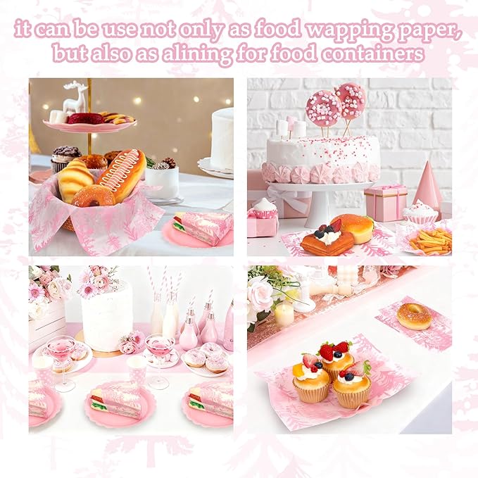 150Pcs Christmas Tree Deli Paper, 9.8 x 8.3'' Forest Grease Proof Food Deli Sheets, Resistant Sandwich Wrap Liners Greaseproof Food Wax Paper for Xmas Winter Party Supplies (Pink)