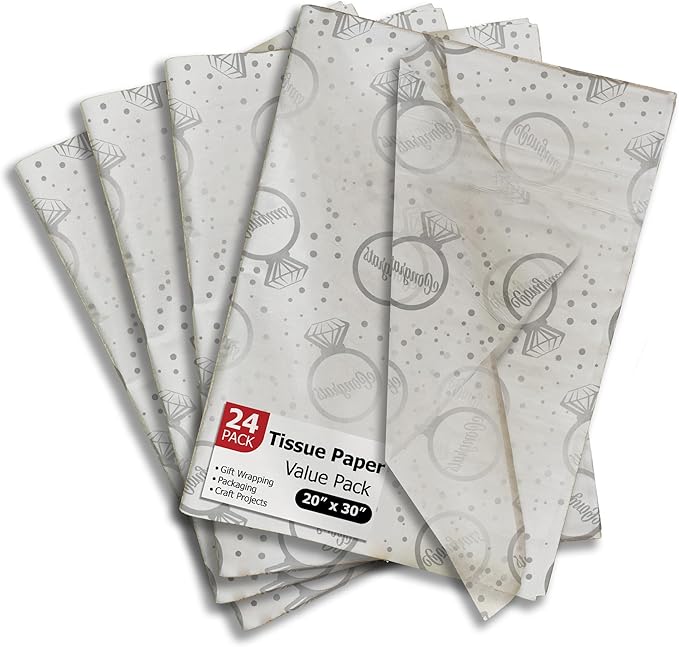Diamond Rings Printed Tissue Paper for Wedding Gift Bags or Boxes and Wrapping - Bulk Decorative Art Tissue Paper for Engagement Packaging and Gifting | 24 Sheets 20" x 30"