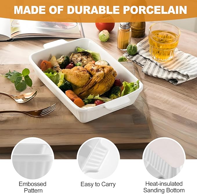 Casserole Dishes for Oven, Porcelain Baking Dishes, Ceramic Bakeware Sets of 3, Rectangular Lasagna Pans Deep with Handles for Baking Cake Kitchen ﻿ (white)