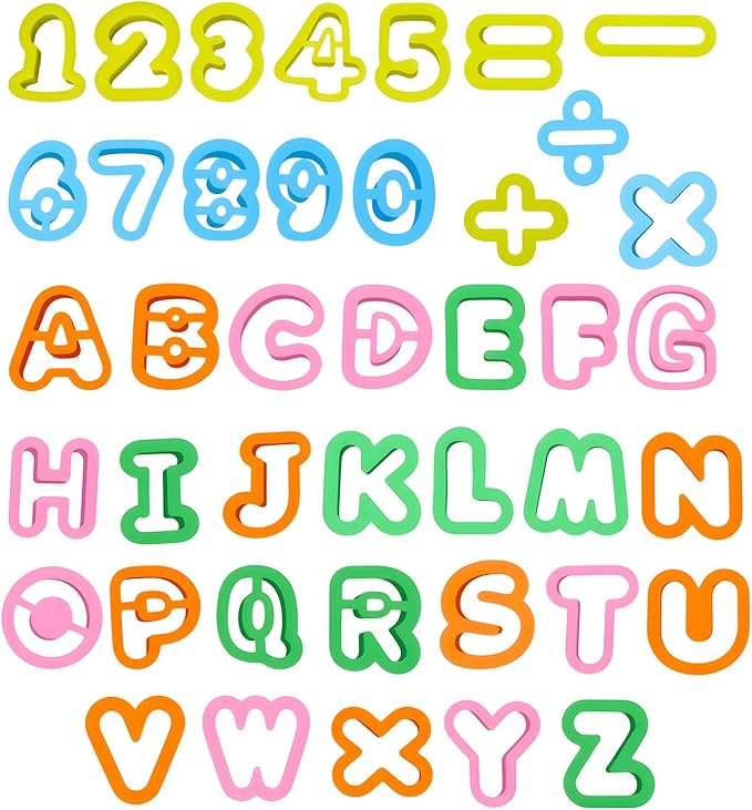 41PCS Alphabet playdough Cutter Set with Numbers Cutters, Mathematical Symbols, Colorful alphabet cookie cutters, Durable fondant letter cutter for Learning Letters, Number, Counting, and Crafting