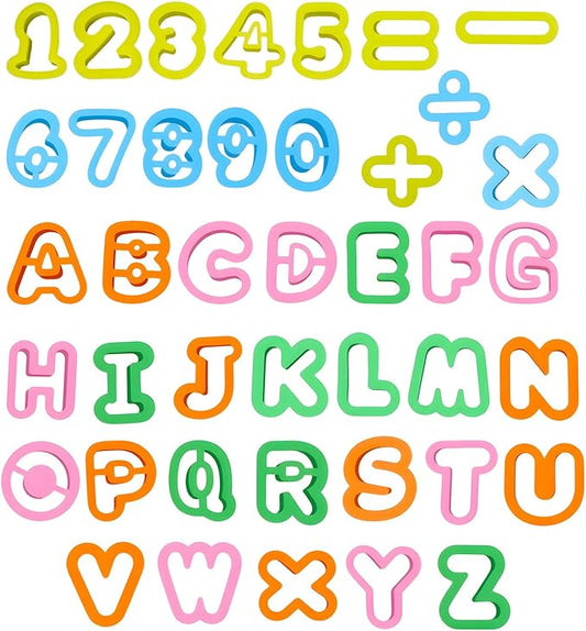 41PCS Alphabet playdough Cutter Set with Numbers Cutters, Mathematical Symbols, Colorful alphabet cookie cutters, Durable fondant letter cutter for Learning Letters, Number, Counting, and Crafting