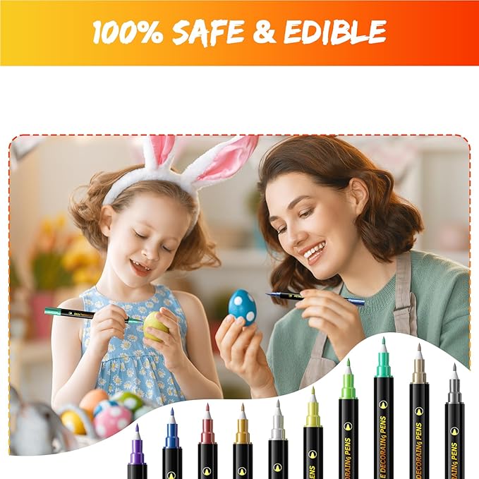 Jewem Edible Markers for Cookie Decorating, 10Pcs Upgrade Grade Metallic Markers Gold Shimmering Pens, Double Sided Tip Food Coloring Pens for Decorating Cakes, Fondant, Frosting, Easter Eggs, Macaron, Halloween, Christmas