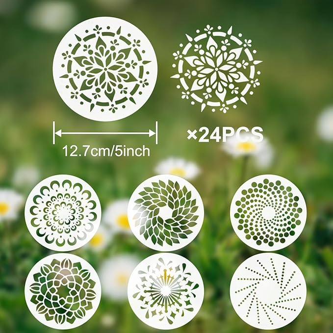 24 Pcs Mandala Stencils Reusable Stencils for Painting on Wood Mandala Dot Stencil DIY Craft Template for Painting on Rock Furniture Canvas Wall Home Decor Supplies, 5 Inch