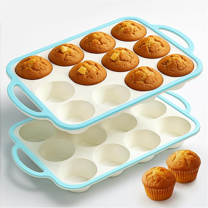 Silicone Muffin Pans for Baking 2 Pack, 2.6 Inch with Metal Reinforced Frame, Regular Size Nonstick Cupcake Pan 12 Cups for Baking Homemade Muffins, Dishwasher Safe BPA Free-Blue