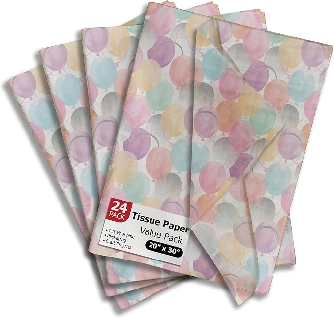 Colorful Balloons Birthday Printed Tissue Paper for Gift Bags or Boxes and Wrapping - Bulk Decorative Art Tissue Paper for Packaging and Gifting | 24 Sheets 20" x 30"
