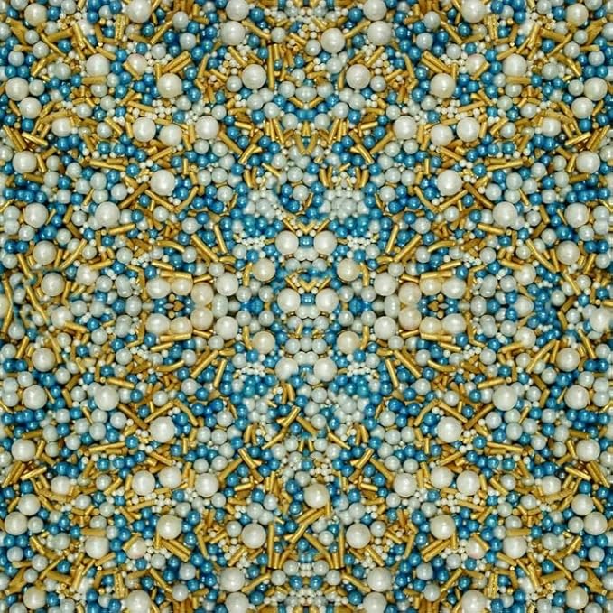Confect Blue & Gold Pearl Cake Sprinkles Mix with White Pearls – Decorative Edible Topping for Cakes, Cupcakes & Desserts | Vegan, Gluten-Free, Nut-Free, Soy-Free, Dairy-Free, Palm Oil-Free- 4.2 Oz