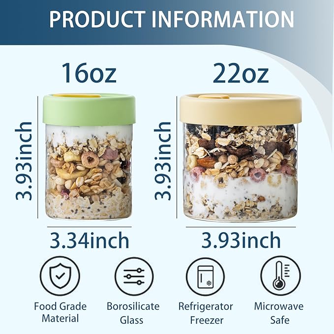 Overnight Oats Containers with Lids, 22oz & 16 oz Glass Jars with Airtight Lids, Wide Mouth Overnight Oats Jar, Salad Meal Prep Jars for Food Storage Yogurt & Cereal (4PCS)