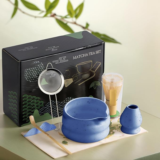 cjc 7-Pcs Matcha Whisk Set, Japanese Matcha Set: Ceramic Matcha Bowl with Spout, Bamboo Whisk & Holder, Spoon, Spoon Holder, Sifter, Tea Cloth –Complete Gift Set for Matcha Lover (Blue）