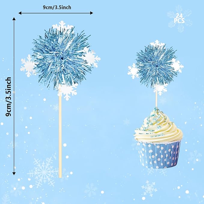 24Pcs Frozen Cupcake Toppers, Snowflake Foil Firework Cupcake Toppers Tinsel Drink Picks Let it Snow Winter Supplies Favor