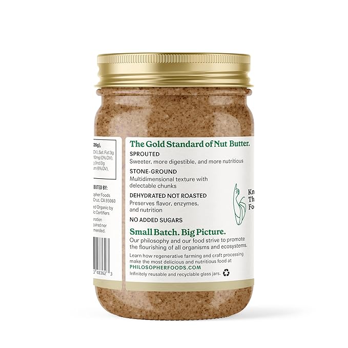 Philosopher Foods - Crunchy Alchemy Organic Sprouted Almond Nut Butter - 16 oz - Stone Ground Regenerative Organic Crunchy Almond Butter with Coconut Oil, Vanilla, and Ancient Seabed Salt