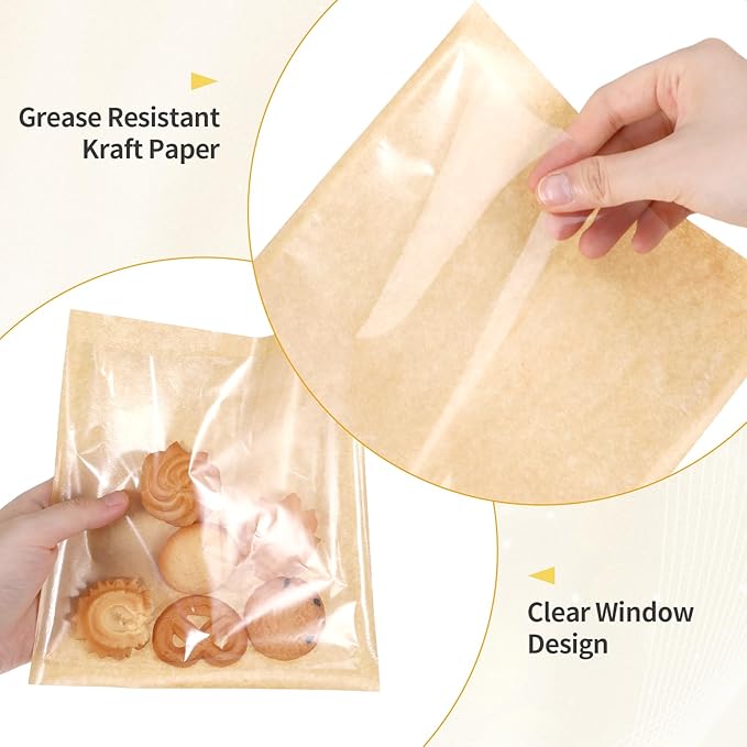 200 Pack Cookie Bags with Seal, Kraft Bags with Window 7.5x7.1", Heat Sealable & Grease Resistant Sandwich Bag, Cookie Packaging with Stickers, Pastry Bag for Treat, Donut, Cake Slice, Scone, Brownie