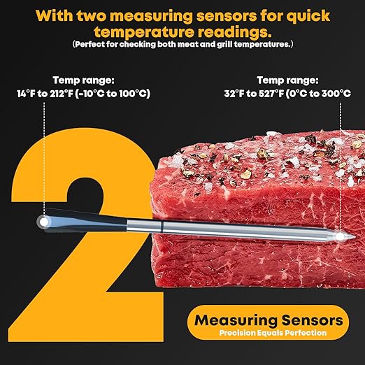 Wireless Meat Thermometer with Bluetooth & WiFi, Digital Meat Probe for Grilling, Smoking, and Oven Roasting, Dual Probe & Smart Alerts for Accurate Temperature Monitoring for BBQ & Smoker