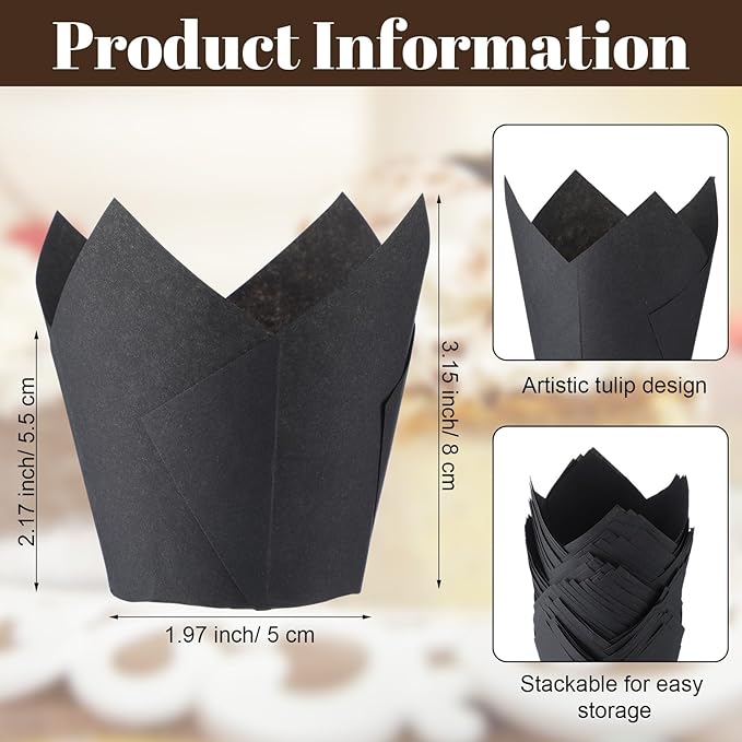 600 Pcs Tulip Cupcake Liners for Baking Muffin Liners Printed Baking Cups Holders Greaseproof Wrappers Decoration for Cupcake Bouquet Birthday Party Wedding Bride Shower (Black)