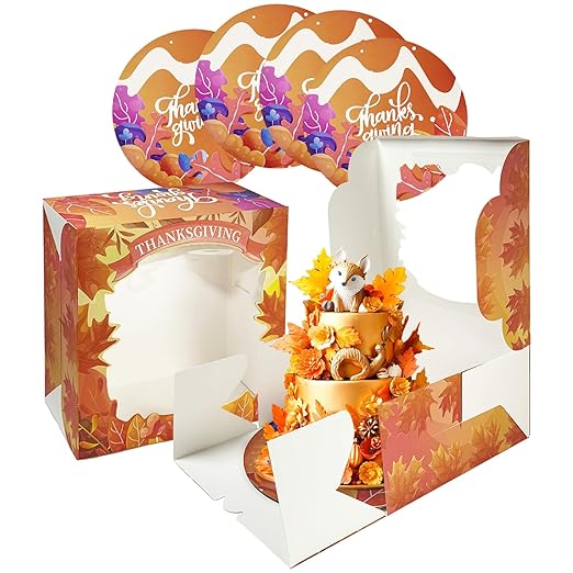qiqee Thanksgiving 4pcs 10x10x5 inches Cake Boxes with Window 4Packs, 10 Inch Bakery Boxes Orange Maple Leaf Thanksgiving (4 cake boxes +4 Cake Boards Included)
