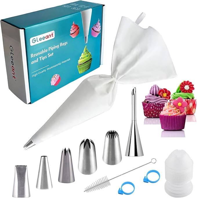 Reusable Cotton Piping Bags and Tips Set- GleeAnt Frosting Piping Kit for Baking 6pcs Large Stainless Icing Tips for Cake Decorating- Icing Bag,Coupler I Professional Cupcake Kit (11)