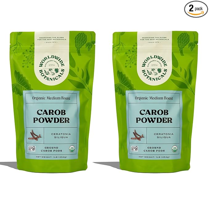 Worldwide Botanicals Organic Carob Powder, Medium Roast – 1 lb – Caffeine Free Cocoa Alternative – Low Fat Super Food with Natural Sweetness– Gluten Free, Kosher, 16 ounces, Pack of 2