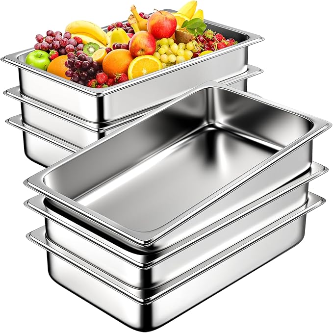6 Pack Hotel Pans, 1/1 Full Size 4 Inch Deep Steam Table Pan, Stainless Steel Commercial Food Pan Anti Jam Steam Pan, Breading Trays for Hotel, Party, Buffet, Catering Supplies