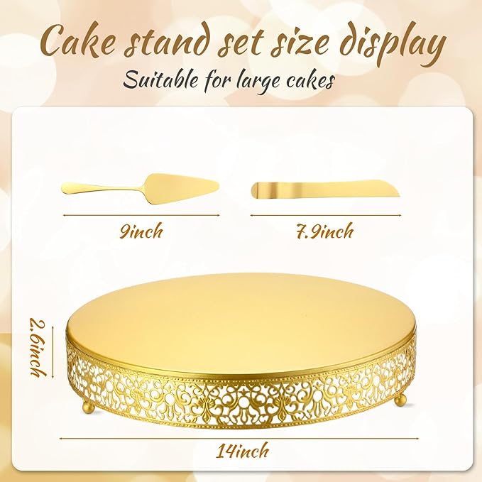 Wenqik 14 Inch Gold Cake Stand Set Metal Round Cupcake Dessert Stand with Cake Cutting, Spatula Cupcake Pastry Display Candy Holder Table Display for Wedding Party Birthday Baby Showers Anniversary