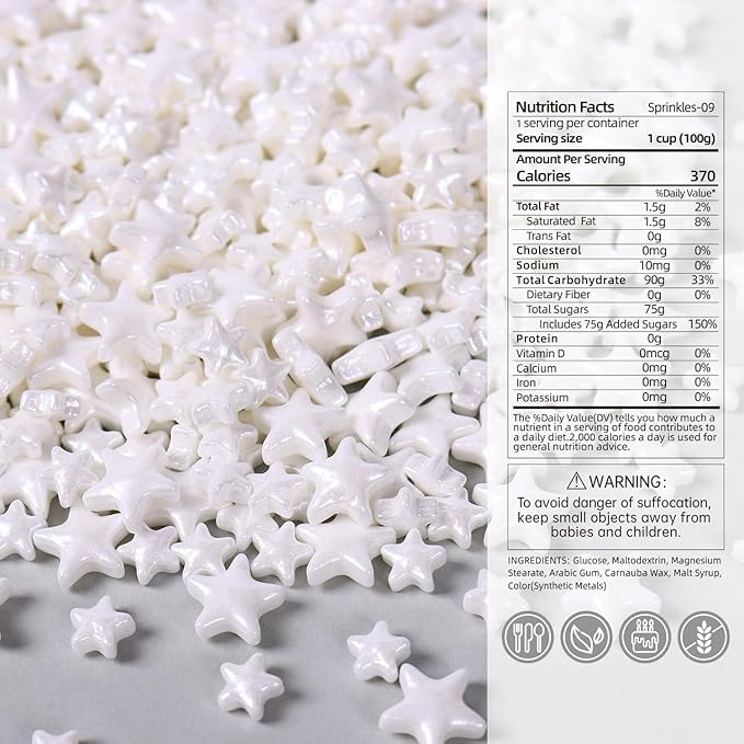 White Sprinkles for Cake Decorating, White Star Sprinkles Perfect for Cupcake Toppers Wedding Party Valentines Halloween Christmas Supplies