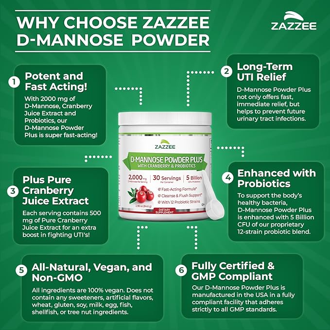 Zazzee D-Mannose Powder Plus, 2000 mg, 30 Servings, Potent & Fast-Acting, Plus 5 Billion CFU Probiotics and Pure Cranberry Juice Extract, Kosher, Free Scoop, 2.98 Oz, Gluten-Free, Non-GMO, All-Natural