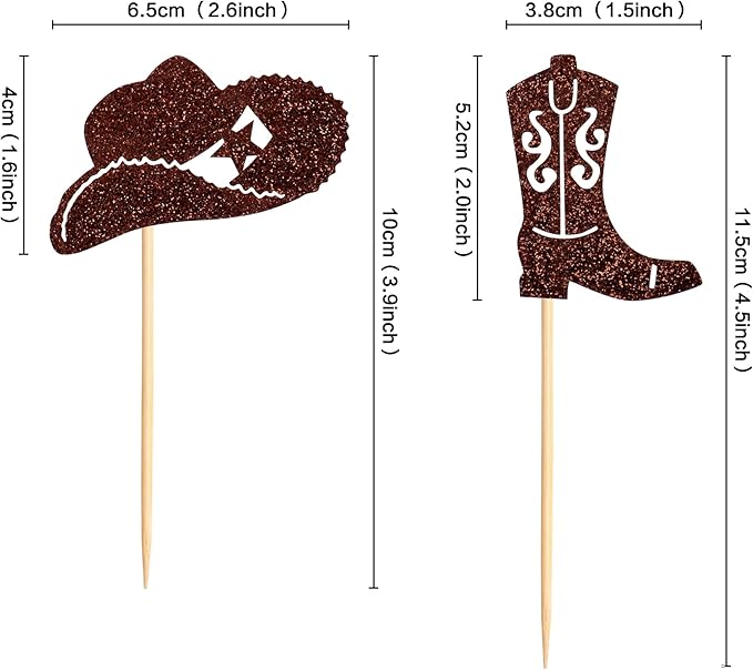24Pcs Cowboy Cupcake Toppers Glitter Cowgirl Hat and Boot Cupcake Toppers Picks Western Theme Baby Shower Kids Birthday Party Supplies