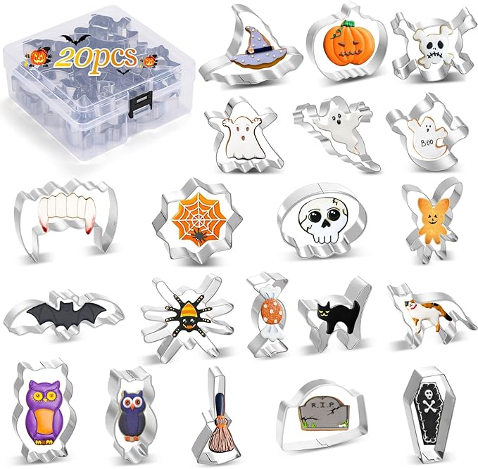 Lezmarket 20Pcs Halloween Cookie Cutters, Stainless Steel Baking Supplies for Halloween Cookie Sandwich Party Decorations- Ghost Pumpkin Cat Bat Coffin Witch Hat Skull Candy Broom Spider Owl Tooth