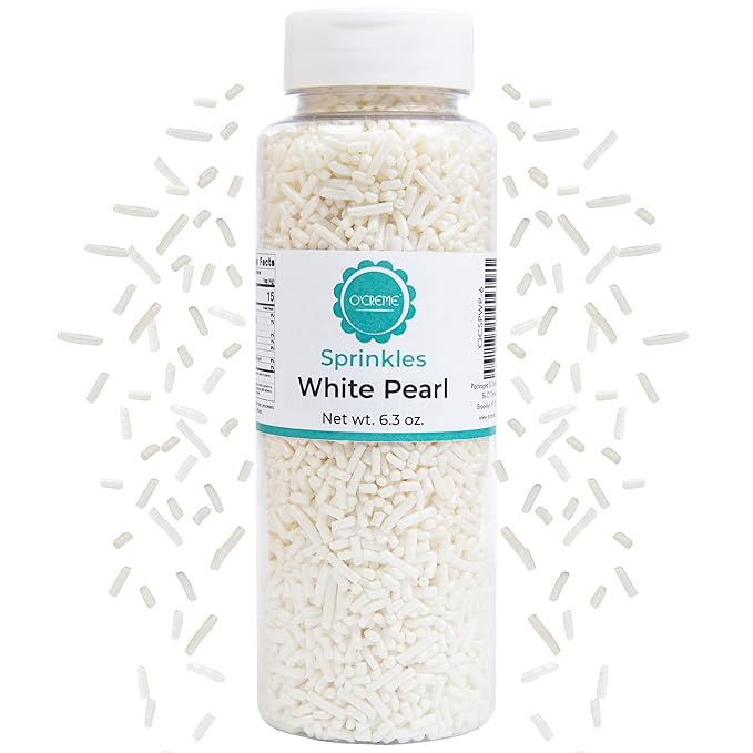 O’Creme White Pearl Sprinkles – 6.3oz Sprinkles for Cake Decorating – Kosher Pastel Sprinkles for Cupcakes, Cookies, Cakes, Ice Cream – Easy-Pour Jar