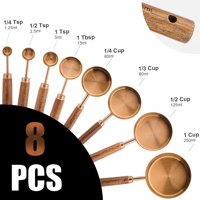 Gold Measuring Cups and Spoons Set, 8 Piece Premium Stainless Steel Measuring Cups with Wood Handles for Baking Supplies in the Kitchen (Bronze)