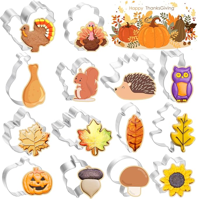 14-Piece Thanksgiving Cookie Cutter Set - Classic Thanksgiving Patterns, Food-Grade Stainless Steel, Easy Demold & Perfect for Holiday Baking