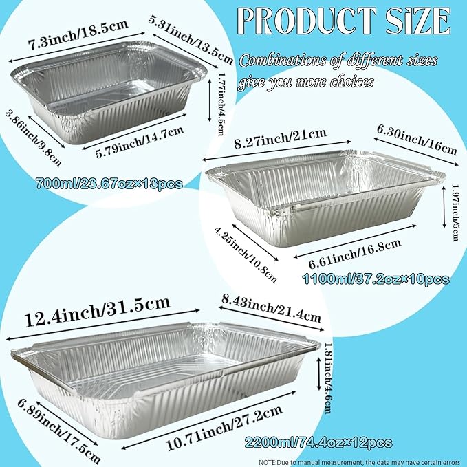 BIBRADAA® 60 Pack Aluminum Pans with Lids,2200ml(4.4LB)/1100ml(2.4LB)/700ml(1.5LB) Foil Pans with Lids,Aluminum Foil Pans,For Catering,Meal Prep and Takeout.