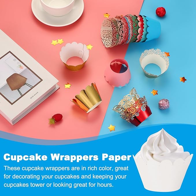 PATIKIL Cupcake Wrappers Paper, 50 Pack Baking Cups Standard Wave Decoration for Anniversary Birthday Weddings Parties, White