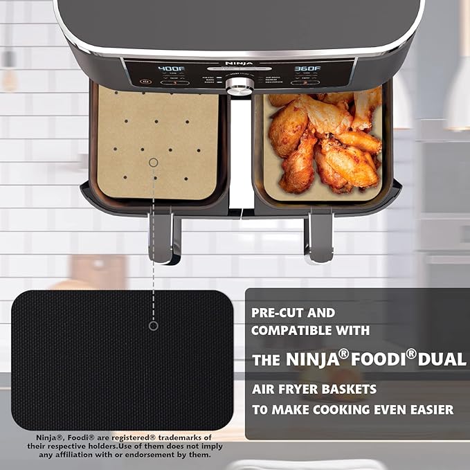 WMKGG Rectangular Air Fryer Parchment Paper, 100 PCS Disposable Perforated Air Fryer Liners with 2 Grilling Mat for Ninja DZ201 Foodi 6-in-1 8-qt. 2-Basket