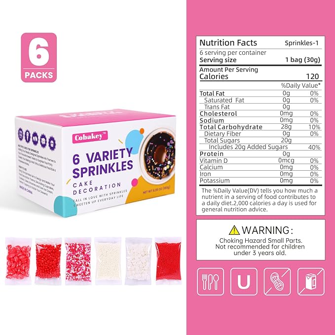 Heart Sprinkles Valentines Edible Sprinkle Mix Red White Heart Shapes Nonpareils Pastel Sprinkles for Cake Decorations Baking Ice Cream Cookies Cupcake Topper 6 Packs