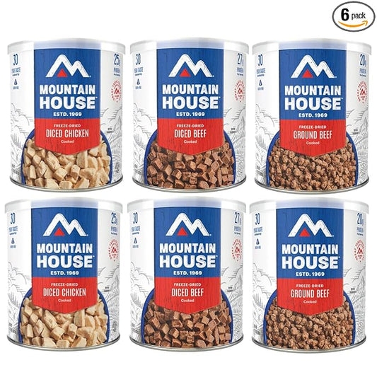 Mountain House Freeze-Dried Protein Pack Sampler – 6 Cans of Diced Chicken, Diced Beef & Ground Beef – 102 Total Servings – Fully Cooked High-Protein Emergency Survival Food for Camping, Hiking & Long-Term Storage – 30-Year Shelf Life – Made in USA