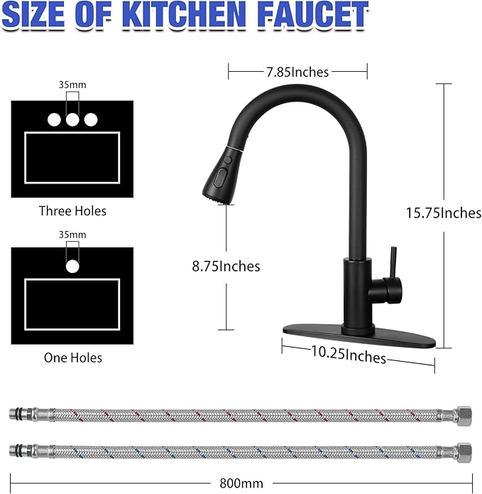 Matte Black Kitchen Sink Faucet with Pull Down Spray RV Stainless Steel Kitchen Faucet Pull Out Extension Utility Farmhouse Faucets for Sink 1 Hole Rent Apartment Dorm Single Handle Kitchen Faucet