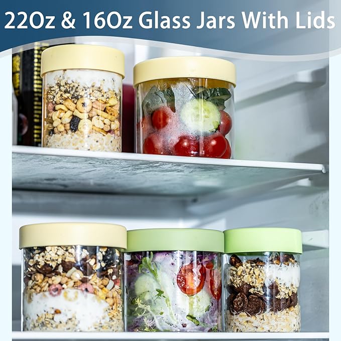 Overnight Oats Containers with Lids, 22oz & 16 oz Glass Jars with Airtight Lids, Wide Mouth Overnight Oats Jar, Salad Meal Prep Jars for Food Storage Yogurt & Cereal (4PCS)