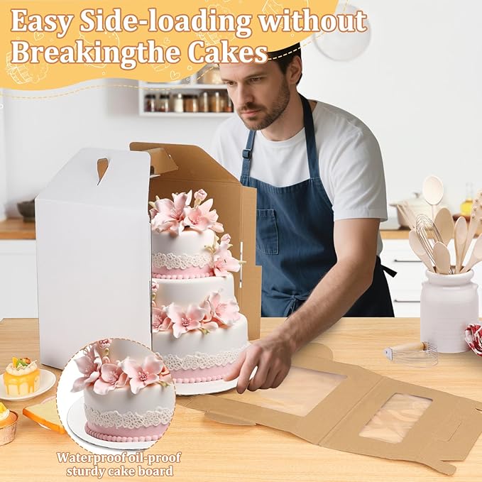 3 Pack Tall Cake Box for Tier Cake with Cake Board, 12 x 12 x 14 Inch Large Tiered Cake Carriers with Clear Windows & Handle, Disposable Bakery Take Out Transport Container for Birthday Wedding Party