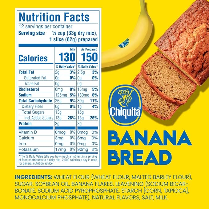Chiquita™ Banana Bread and Muffin Mix – Moist, Easy-to-Make, No Preservatives - Just Add Bananas, Egg and Water - 13.7 Oz (Pack of 2)
