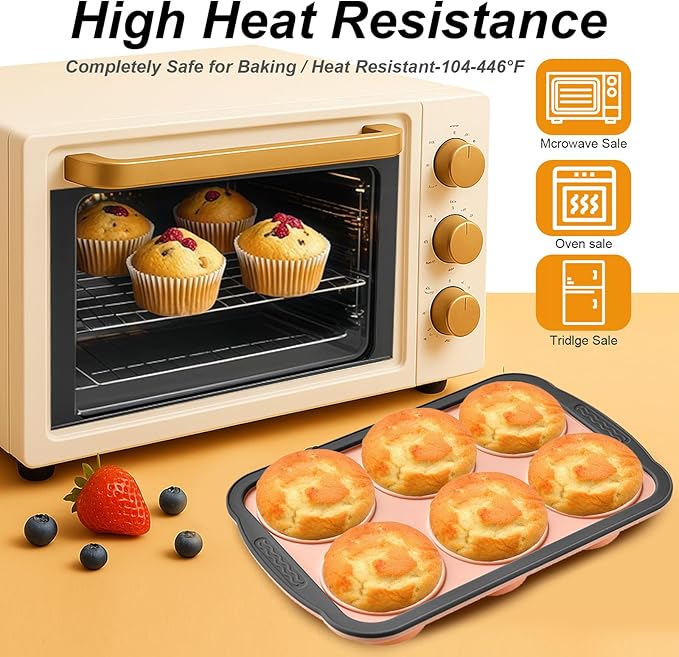 Silicone Muffin Pans for Baking with Metal Frame, 6 Cup Silicone Muffin Pan, Nonstick Cupcake Pan, BPA Free Muffin Tins Easy to Pop Cupcake Baking Pan Molds for Oven Dishwasher Safe