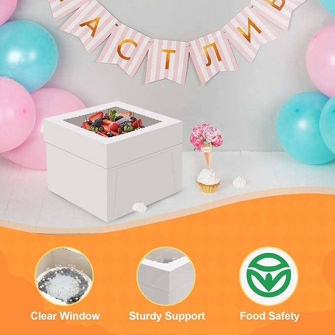2 Pack Cake Boxes, 10x10x8 Inches Tall Cake Box with Cake Boards, Disposable Cakes Carrier, Cakes Transport Container with Lid, White Bakery Boxes with Window, for Cookies Pies Cupcakes