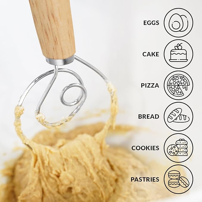 Zulay Kitchen 13-Inch Danish Dough Whisk - Wooden Danish Whisk for Dough with Stainless Steel Dough Hook - Traditional Dutch Whisk - Bread Whisk for Sourdough, Pizza, Pastry, Cake Batter - 2 Pack