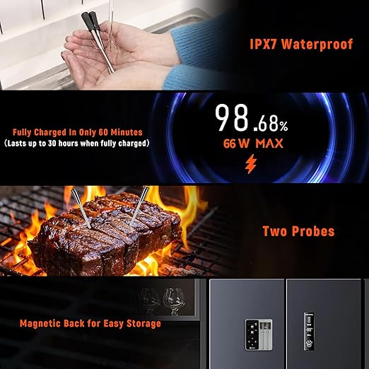Meater Thermometer Wireless, 2 Probes Bluetooth Meat Thermometer, 572°F Heat Resistance WIFI Smart Thermometer Accuracy of ±0.5°F, LCD Display Wireless Thermometer for Grilling, Oven Smoker, Air Fryer