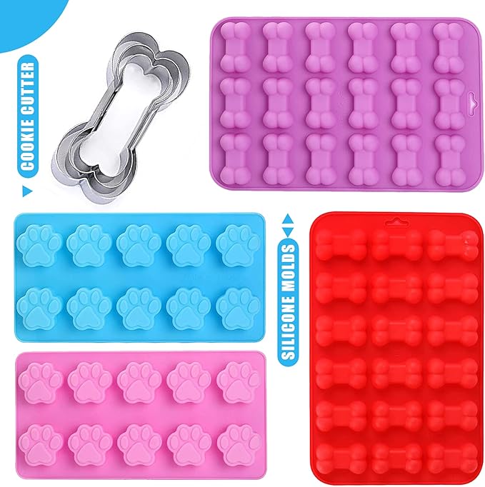 Set of 7-4 Packs Reusable Silicone Molds Puppy Dog Paw & Bone Shaped and 3 Packs Stainless Steel Bone Cookie Cutter for Homemade Dog Treats and Cat Animal Paw Candy Chocolate Baking Mold