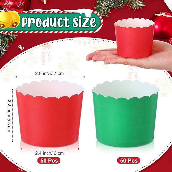 100 Pcs Red Green Cupcake Liners Bulk Baking Paper Cup Muffin Wrappers Classic Solid Color Pattern Baking Cup for Spring Mother's Day Christmas Wedding Birthday Decoration, 2.8" x 2.4" x 2.2"