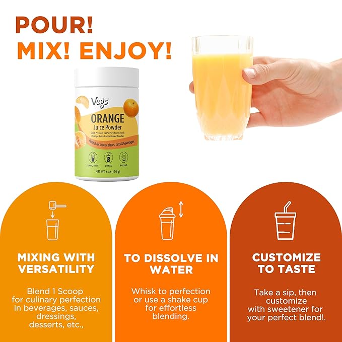 Vegs Orange Fruit Juice Powder - Freeze Dried & 100% Natural Orange Juice Concentrate - Flavoring Powder for Drinks, Smoothies & Baking - Sugar-Free, No Preservatives, Non-Gmo - 6 oz