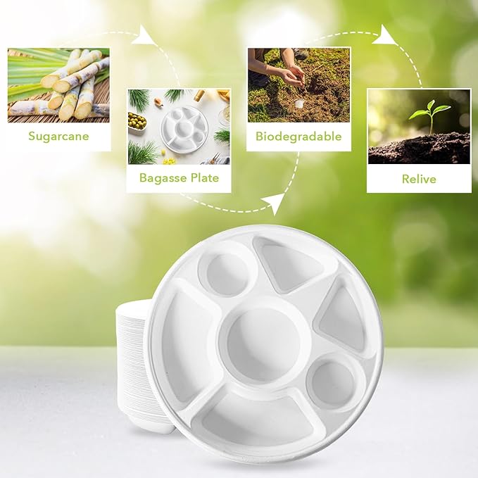 three leaf 7 COMPARTMENT BAGASSE ROUND PLATE, 50 Ct. Heavy-Duty- Super Strong- Natural- Eco-Friendly Disposable Bagasse Plates, 100% Biodegradable 7 compartment plates