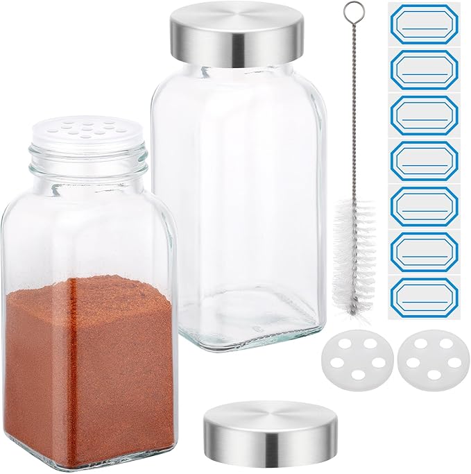Segarty 6oz Spice Jar with Stainless Steel Shaker Lids, 2 PCS 180ml Square Seasoning Jars with Labels, Empty Glass Bottles for Salt Pepper Sugar Herb, Large Seasoning Shakers with 7 Stickers, 1 Brush