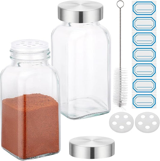Segarty 6oz Spice Jar with Stainless Steel Shaker Lids, 2 PCS 180ml Square Seasoning Jars with Labels, Empty Glass Bottles for Salt Pepper Sugar Herb, Large Seasoning Shakers with 7 Stickers, 1 Brush