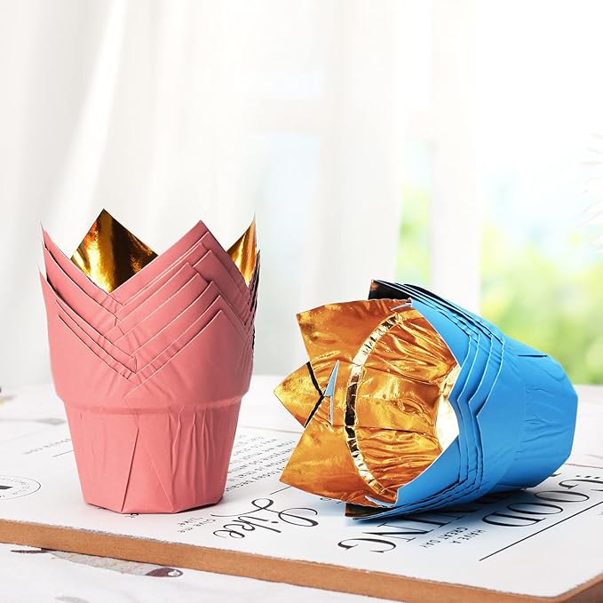 Party Hippo Gold Tulip Cupcake Liners 100 Pcs Baking Paper Cups Holders Greaseproof Muffin Cases Wrappers for Wedding Birthday Party Baby Shower (Rose Gold)